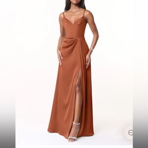 Azazie Cedar Rose A-Line Cowl Spaghetti Straps Stretch Satin Dress
